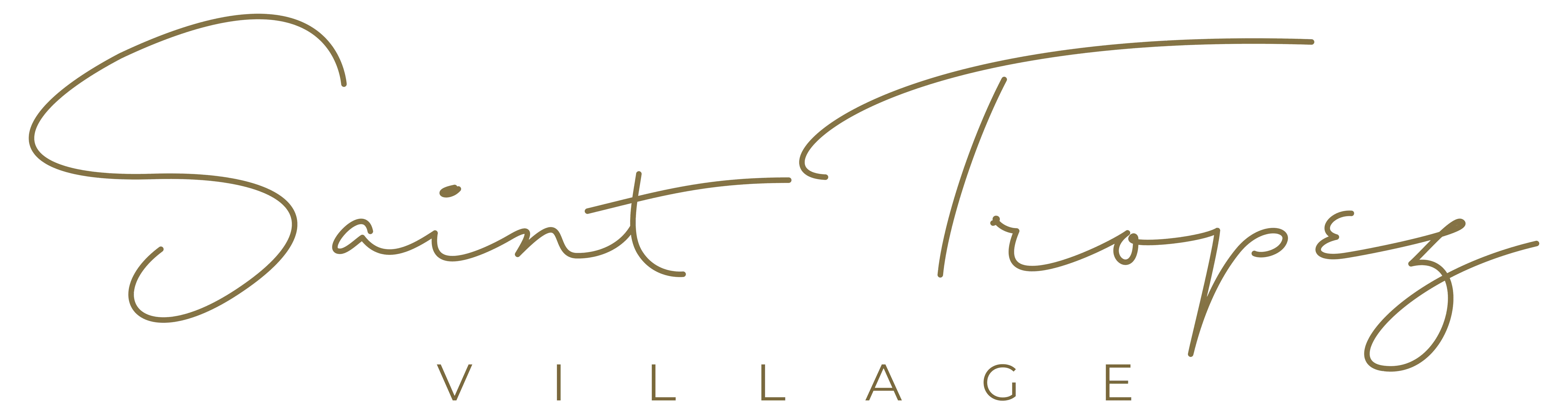 Logotipo escrito à mão da frase 'Saint Tropez Village' em tom marrom claro.